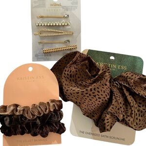 Kristin Ess & Scunci Cheetah Hair Scrunchies Hair Clip Bundle Brown Gold Jeweled